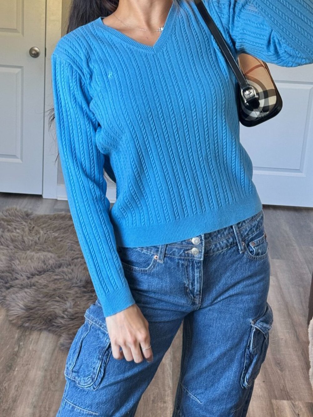 Vtg Y2K Ralph Lauren Sport Blue Wool Cashmere Cable Knit V-Neck Sweater Womens S